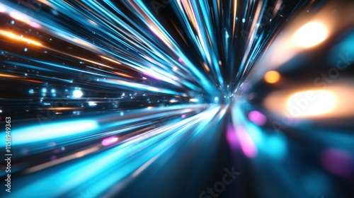 Dynamic streaks of blue and orange light create a vivid, abstract look, capturing the essence of speed and energy in a modern, digital-inspired scene. photo