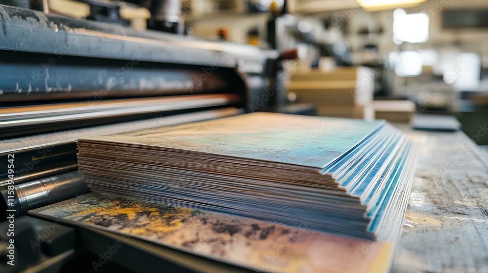 A close-up of stacked printed sheets in a printing workshop, showcasing colorful textures and the printing press in the background. A close-up of stacked printed sheets in a printing workshop, showcasing colorful textures and the printing press in the background.