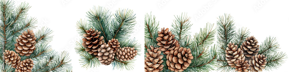 Close up of pine tree branches with pine cones covered in snow against a plain white background The image depicts the winter season and natural festive holiday decor with a rustic organic style Close up of pine tree branches with pine cones covered in snow against a plain white background The image depicts the winter season and natural festive holiday decor with a rustic organic style