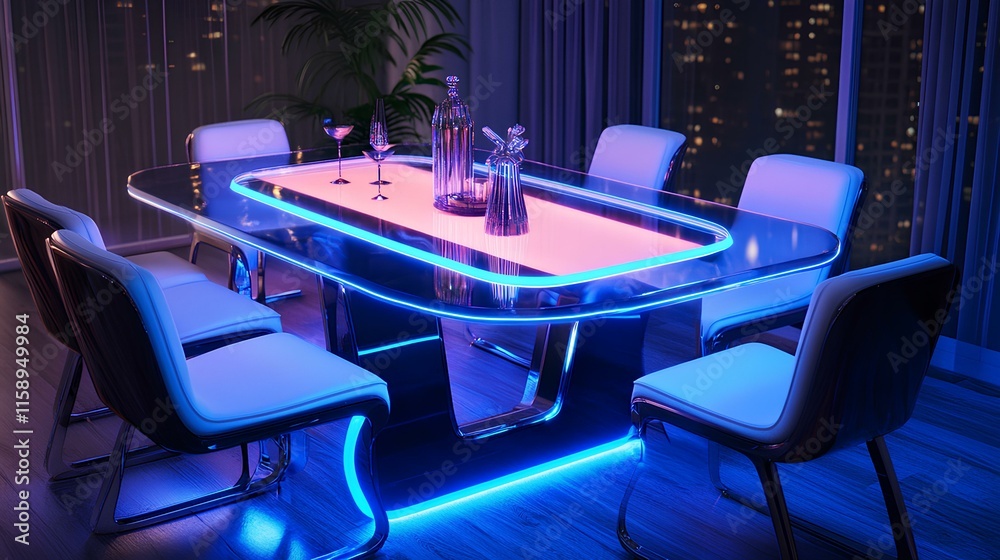 Obraz premium A modern dining table with blue LED lighting, surrounded by sleek chairs, set in a stylish, illuminated room with city views.