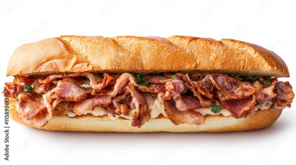 A close-up view of a crispy bacon sandwich layered generously inside a toasted baguette, offering a delicious sight for breakfast or lunch lovers everywhere. A close-up view of a crispy bacon sandwich layered generously inside a toasted baguette, offering a delicious sight for breakfast or lunch lovers everywhere.