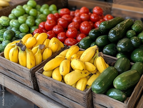 Fresh produce display with bananas, tomatoes, cucumbers, and limes in wooden crates.