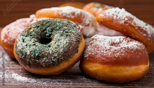 close up of moldy donuts on the table 