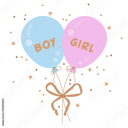Gender party. Gender reveal or birthday party background with pink and blue balloon. Pink and blue balloons and confetti background with copy space for festive gender reveal party or baby shower
