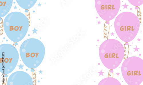 Gender party. Gender reveal or birthday party background with pink and blue balloons. Background for a children's gender party. Pink and blue balloons and confetti background with copy space