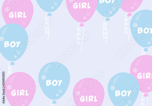 Gender party. Gender reveal or birthday party background with pink and blue balloons. Background for a children's gender party. Pink and blue balloons with text boy, girl