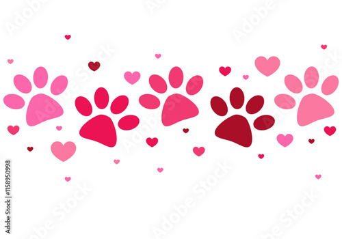 Happy Valentine's day greeting card with hearts and paw prints. Dog love, Cat love. Valentine's day greeting card with hearts and vector foot trail print of cat. Dog, puppy