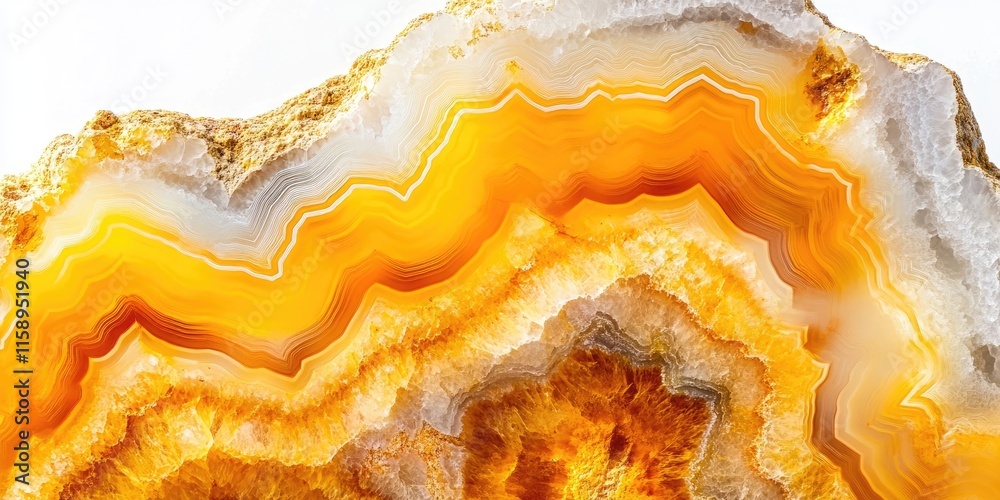 Obraz premium Close up of macro mineral stone showcasing vibrant Yellow Agate, emphasizing its unique properties and textures against a white background, perfect for illustrating the beauty of Yellow Agate.