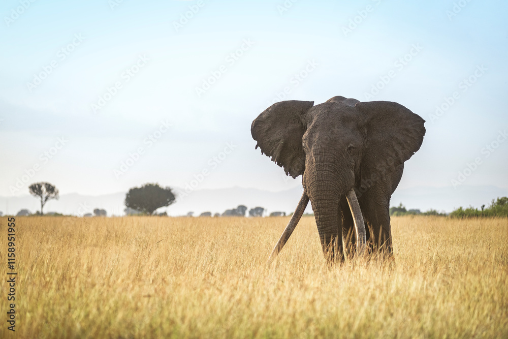 Fototapeta premium Impressive very old African elephant (Loxodonta africana) bull with super long tusks walking on savanna, looking at camera, Queen Elisabeth national park, Uganda.