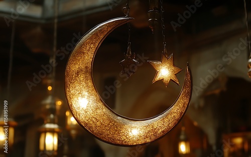 Illuminated crescent moon and stars hanging decor. (1) photo