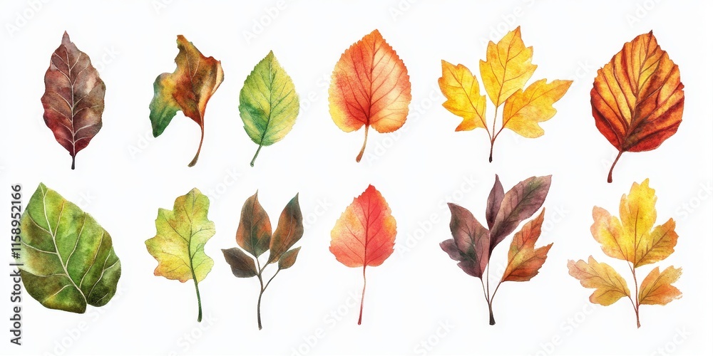 Fototapeta premium Watercolor botany collection featuring a variety of autumnal leaves isolated on a clean white background, perfect for seasonal products, holiday designs, and greeting cards showcasing autumnal beauty.