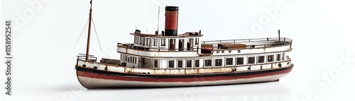 Model of a vintage steamboat, isolated on a white background.