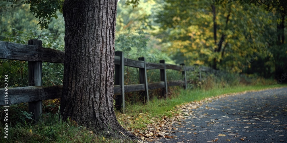 Obraz premium A solitary tree trunk positioned along a pathway next to a wooden fence, showcasing the natural beauty of the tree trunk in an outdoor setting. Enjoy the tranquil view of the tree trunk.