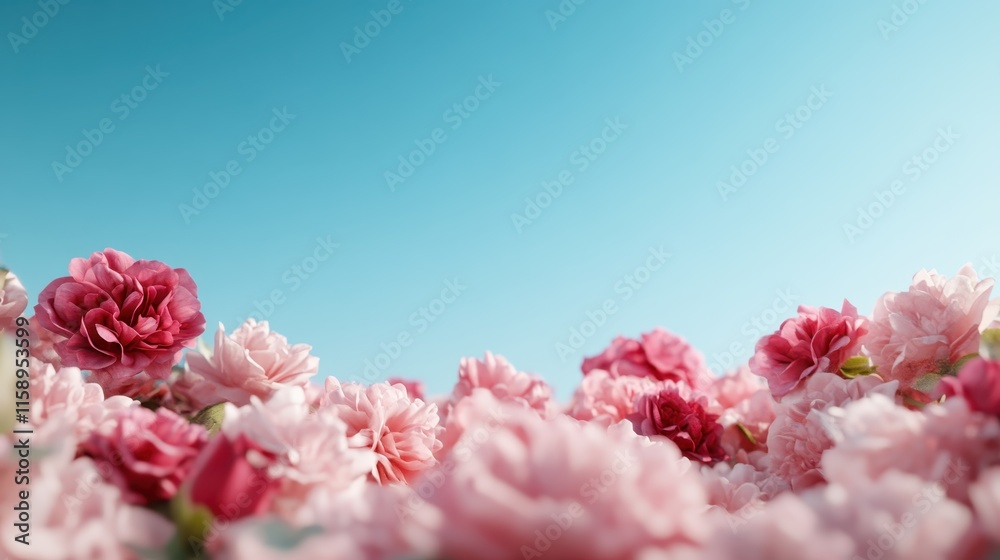 A vibrant field of different shades of pink flowers stretches beneath a brilliant blue sky, capturing the essence of a serene and picturesque spring morning. A vibrant field of different shades of pink flowers stretches beneath a brilliant blue sky, capturing the essence of a serene and picturesque spring morning.