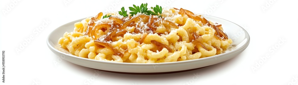 Delicious pasta dish with onion and herbs on a white plate. Delicious pasta dish with onion and herbs on a white plate.