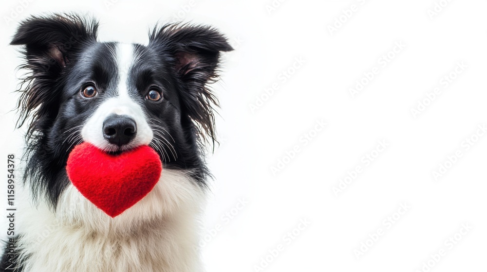 St. Valentine's Day concept. Funny portrait cute puppy dog border collie holding red heart in mouth isolated on white background, close up. Lovely dog in love on valentines day gives gift St. Valentine's Day concept. Funny portrait cute puppy dog border collie holding red heart in mouth isolated on white background, close up. Lovely dog in love on valentines day gives gift