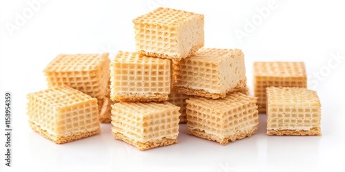 Delicious wafer cube biscuits arranged on a clean white background, showcasing the enticing layers of these wafer cube biscuits that are perfect for snacking or dessert options. photo