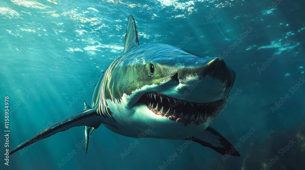 Fototapeta premium A photorealistic close-up of a great white shark underwater, surrounded by vibrant marine vegetation and sunlight filtering through the water