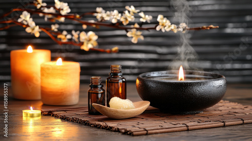 relaxing home spa treatment featuring candles, essential oils, and soothing foot soak. ambiance is tranquil, perfect for self care and rejuvenation photo