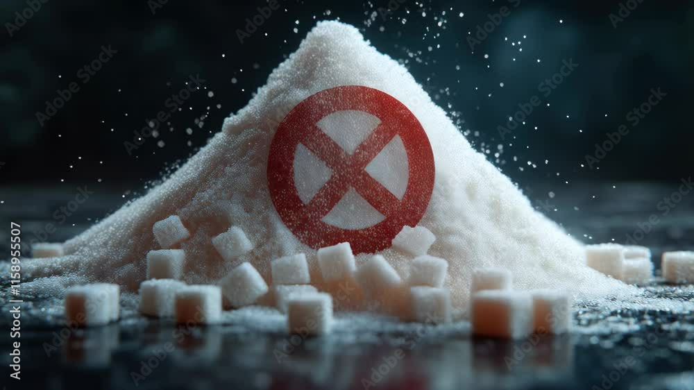 Pile of sugar in the shape of a mountain with a red ban sign. The concept of harm from sweets and sugar.