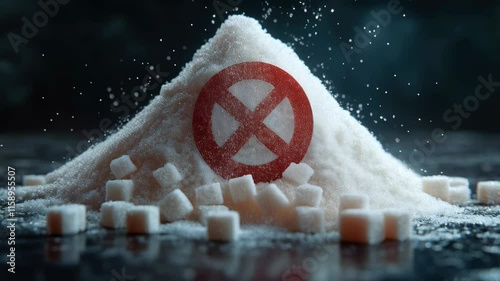 Pile of sugar in the shape of a mountain with a red ban sign. The concept of harm from sweets and sugar.