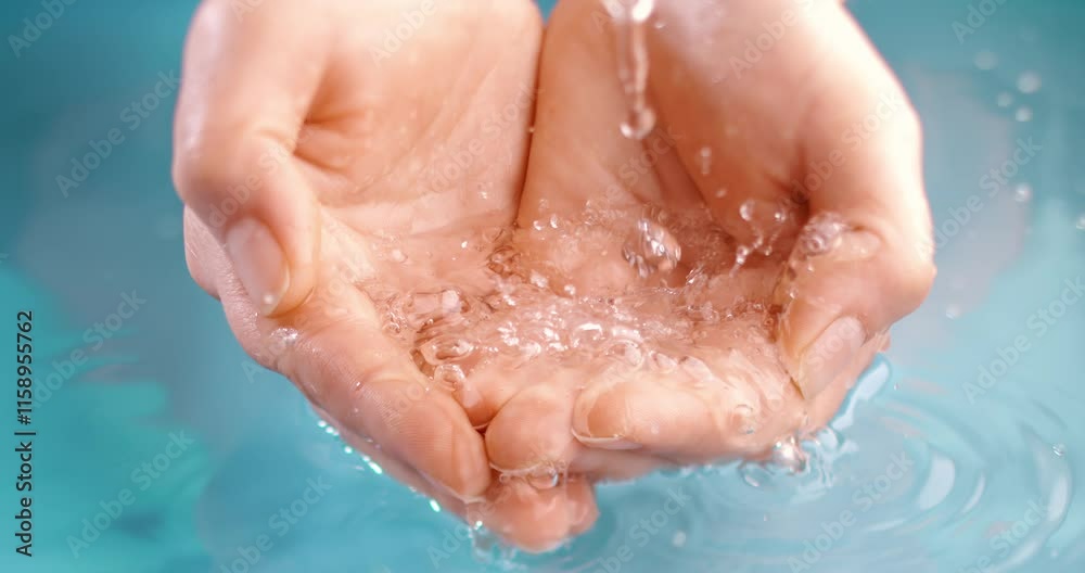 Clean drinking water flows in the palms of the woman hands. Shot on super slow motion camera 1000 fps.