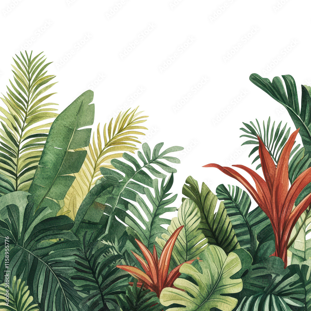 Obraz premium Lush vibrant tropical foliage background with an array of exotic green palm leaves ferns and other botanical elements
