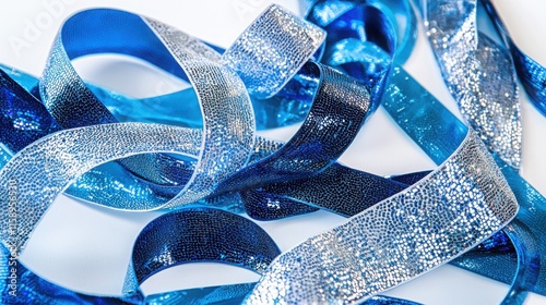 A close-up view of elegant blue decorative ribbons in various shades and textures, arranged artistically on a white background.