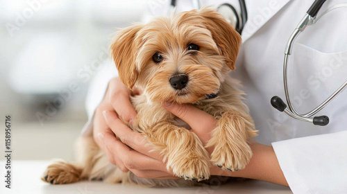 veterinarian holding small dog during check up, showcasing care and compassion. dog appears healthy and well groomed, reflecting positive veterinary experience photo