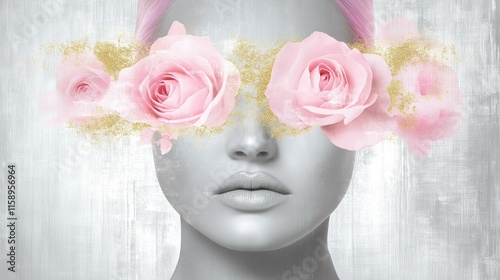 Abstract portrait of a woman adorned with pink roses, placed on her eyes, in contemporary art collage.