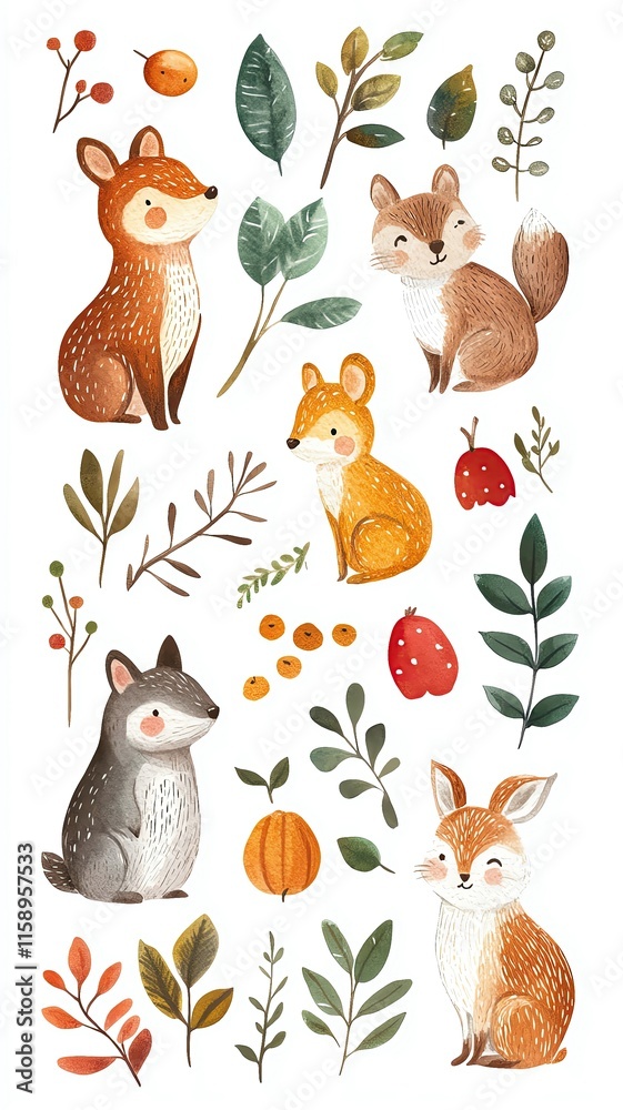 Fototapeta premium Whimsical animal and foliage illustrations.
