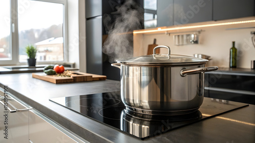 A sleek, stainless-steel stockpot with gentle steam rising from its lid, placed on a glossy black induction cooktop in a modern kitchen