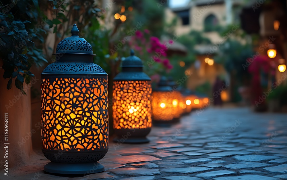 Illuminated lanterns line a cobblestone path at dusk. (1) Illuminated lanterns line a cobblestone path at dusk. (1)