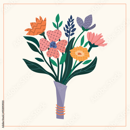 An illustration with bouquets of texured pink, orange, violet flowers. The texture, Line. For the Spring time, Valentine's Day, March 8th, birthday postcards, magazines, websites, invitations.
