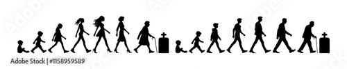 Vector illustration. Silhouette of growing up man from baby to old age. Many people of different ages in a row.	
