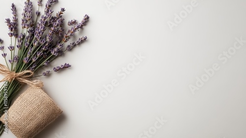 A rustic burlap sack filled with freshly cut lavender is tied and arranged elegantly, evoking a sense of rural charm and natural simplicity. photo