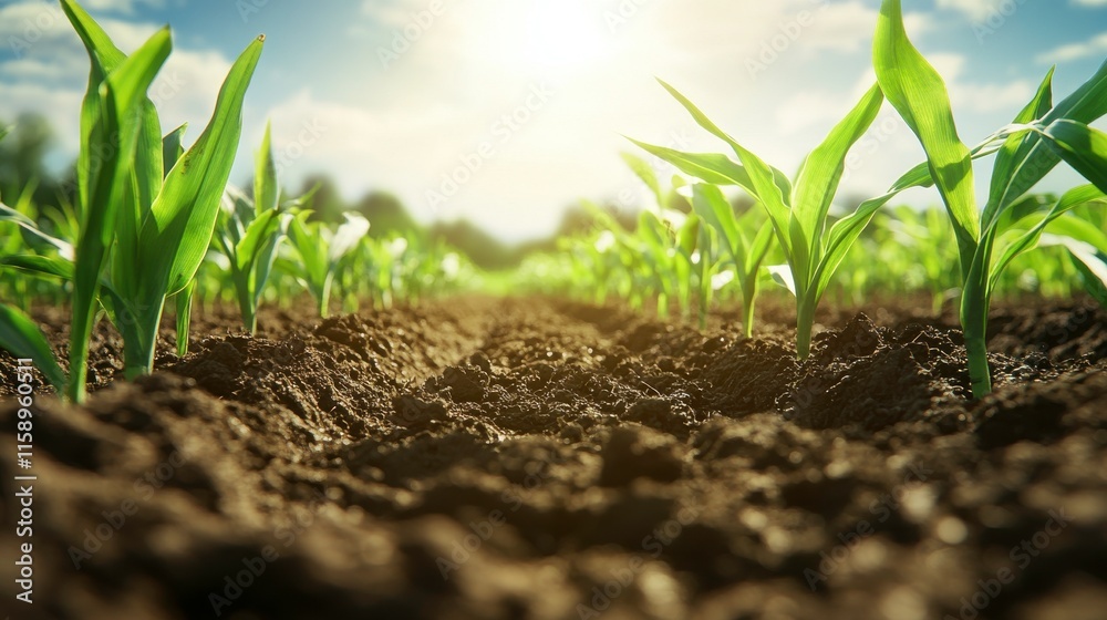 Sunlit Farmland with Struggling Crops Under Bright Sky Sunlit Farmland with Struggling Crops Under Bright Sky
