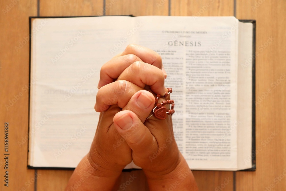 Obraz premium Woman praying on holy bible. Holding hands with Crucifix and Bible in Prayer. 