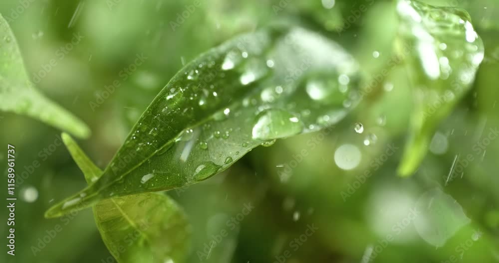 Close up of raindrops in super slow motion. Rain drips on the green leaves of the plant.