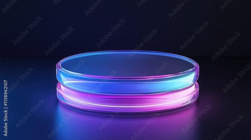 A modern, glowing display platform featuring a smooth surface with vibrant blue and pink neon lights emanating from the sides, perfect for showcasing products. A modern, glowing display platform featuring a smooth surface with vibrant blue and pink neon lights emanating from the sides, perfect for showcasing products.