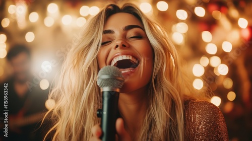 An expressive woman with flowing hair joyfully sings into a microphone, surrounded by festive lights creating a warm and inviting atmosphere at an event. photo