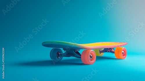 Skateboarding action studio skateboard blue background close-up