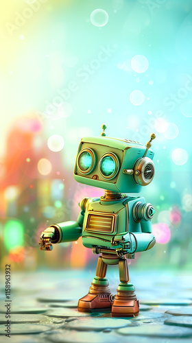Cute 3D robot against colorful background. Vertical size