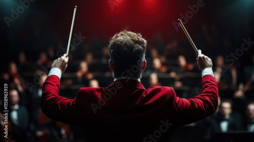 A conductor in a vibrant red jacket is seen passionately leading an orchestra, symbolizing intense emotion and harmony, creating a scene of musical brilliance.