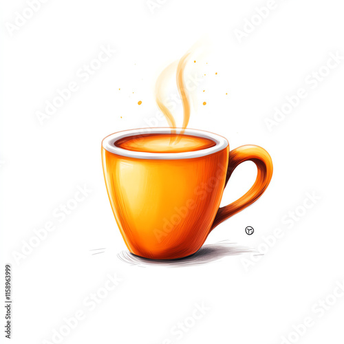 An orange coffee cup with steam rising against a white isolated background. photo