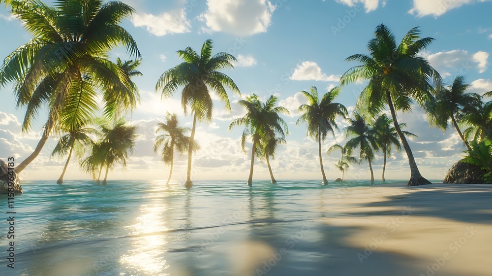 A beach scene with a palm tree, palm trees in summer on a beach in Mexico, Perfect tropical beach, Tropical beach background with palm trees