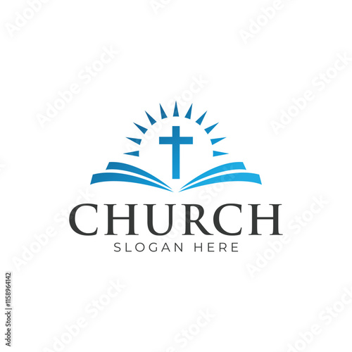 Christian Cross Church logo design vector illustration. cross logo with leaves around it