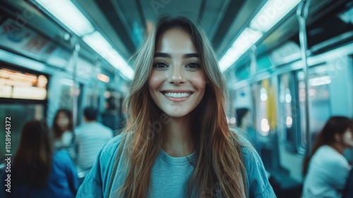 A cheerful woman is captured smiling on a subway, embodying friendliness and warmth, as she interacts casually within an urban commuting environment. photo