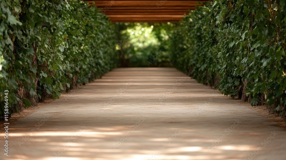 This serene vineyard path is bordered by lush, leafy vines. The sun dapples the path through the overhead wooden trellis, creating a tunnel-like passageway. This serene vineyard path is bordered by lush, leafy vines. The sun dapples the path through the overhead wooden trellis, creating a tunnel-like passageway.