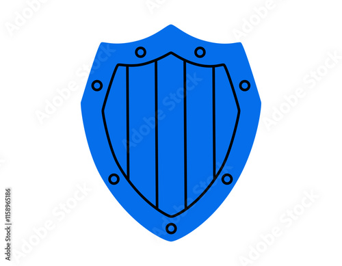 Hand drawn cute cartoon illustration guardian shield. Flat vector protection tool sticker in doodle. Safety symbol icon. Confidential access. Defense and care in banking. Security system. Isolated.